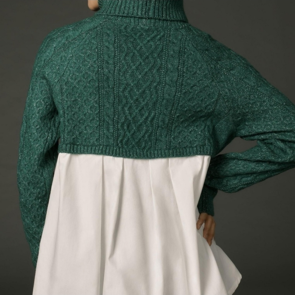 Anthropologie Green Cableknit Turtleneck Sweater Mixed Media Size Small - Picture 3 of 11